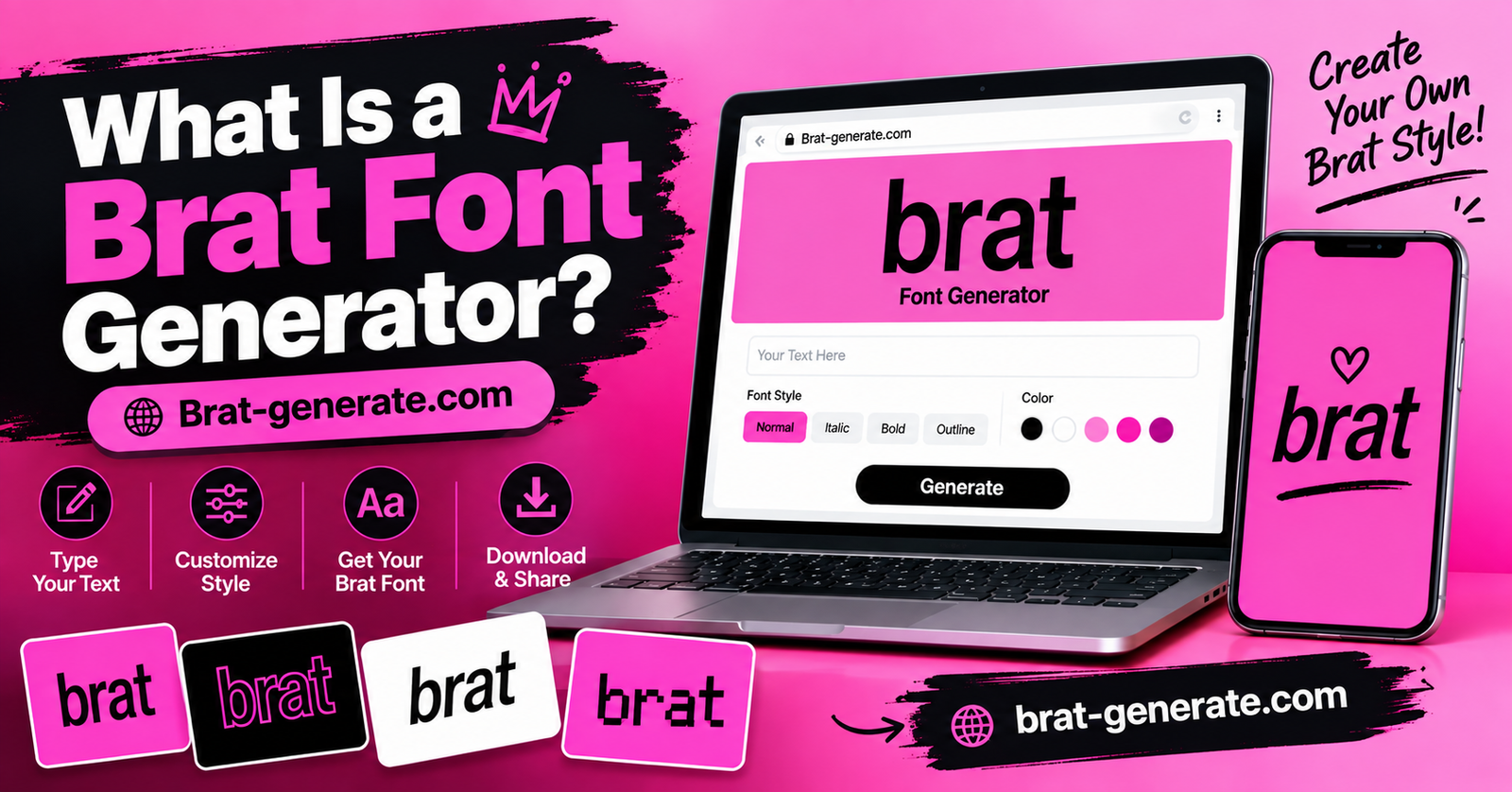 Brat Font Generator showing a pink-themed text generator on laptop and mobile