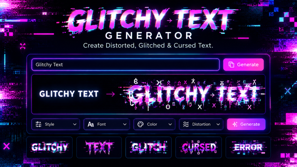 Glitchy text generator creating distorted, corrupted, and glitch-style text