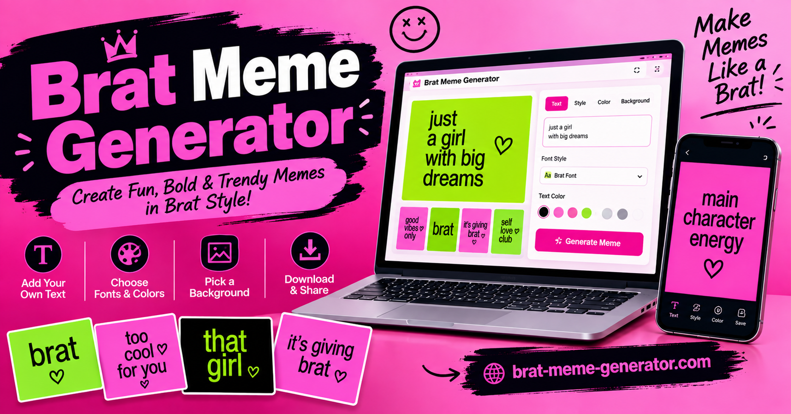 Brat Meme Generator with pink and black design, meme templates, and customization tools