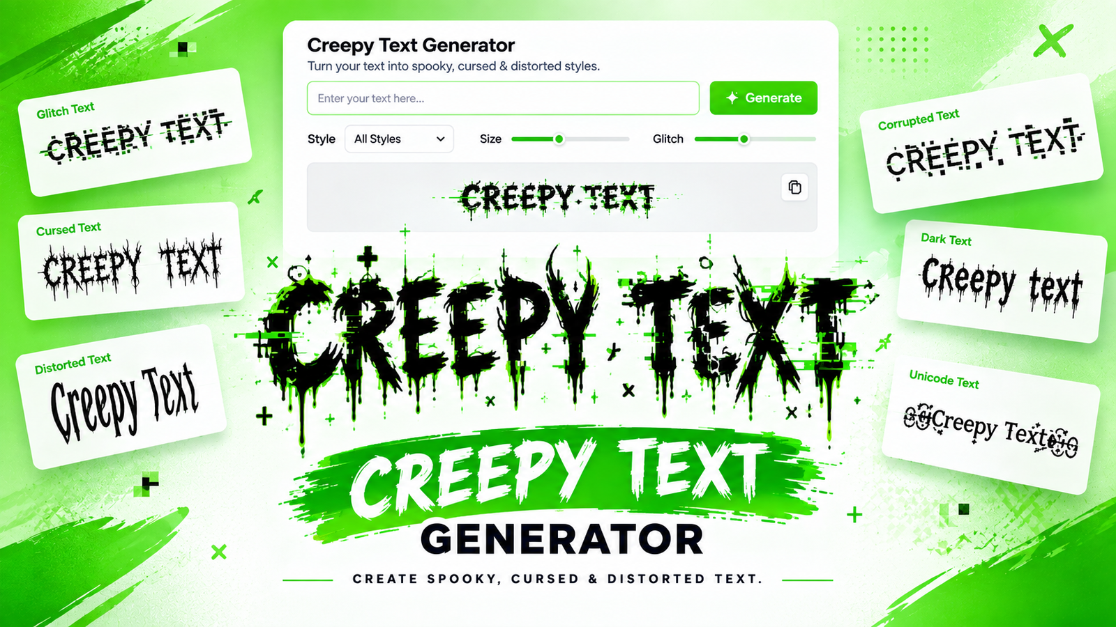 Creepy text generator creating spooky, cursed, glitchy, and distorted text styles on a bright pink interface.