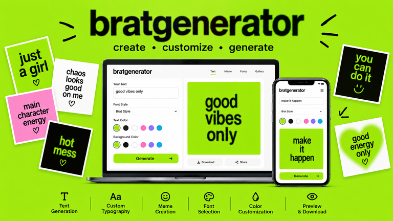 Bratgenerator interface creating Brat-style graphics, custom text, typography, and memes