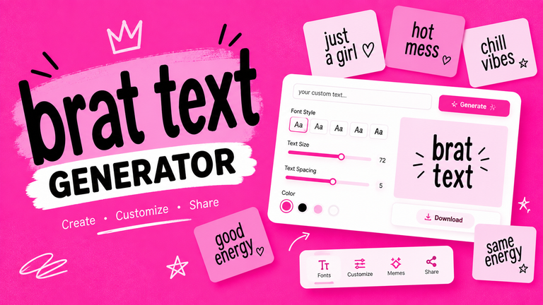 Brat text generator graphic with bold lowercase “brat text” typography, pink background, customization controls, and sample text cards.